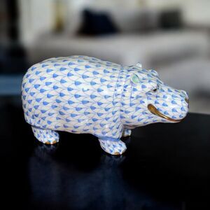 Herend Hippopotamus Hippo Blue Fishnet Figurine Gold Trim 15332